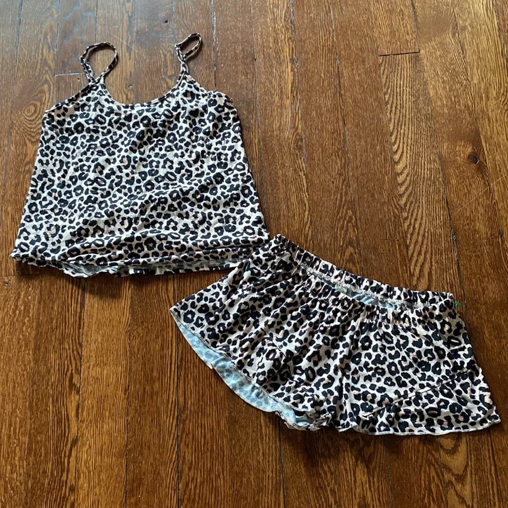 Jessica Simpson Leopard Print Cami Shorts Pajama Set Ruffle Trim Lounge SIZE S